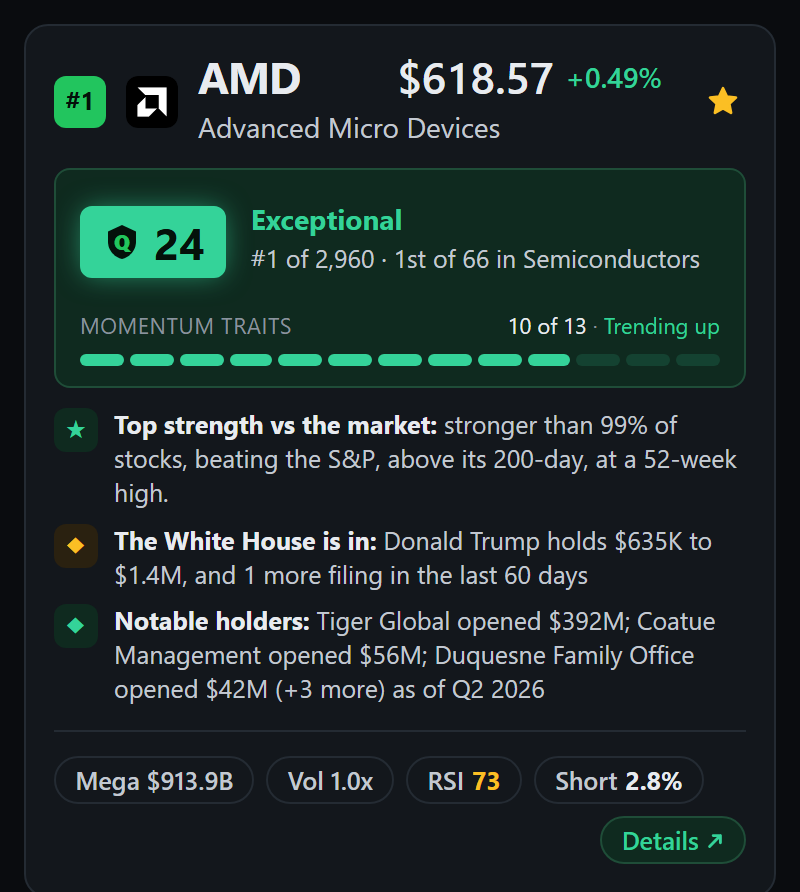A member's scanner card for AMD: the Quality Score badge, the rank in the scan and in its industry, the momentum bar, three plain lines on its strength, Congress trades, and notable holders, and pills for size, volume, RSI, and short interest