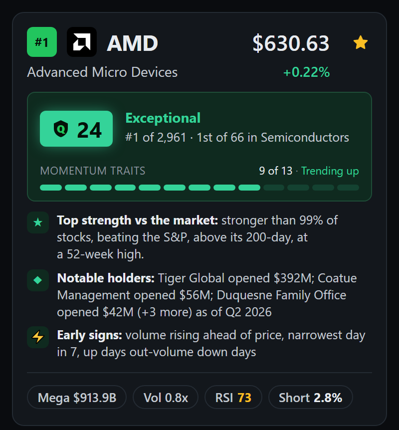 A member's scanner card for AMD: the Quality Score badge, the rank in the scan and in its industry, the momentum bar, three plain lines on its strength, notable holders, and early signs, and pills for size, volume, RSI, and short interest