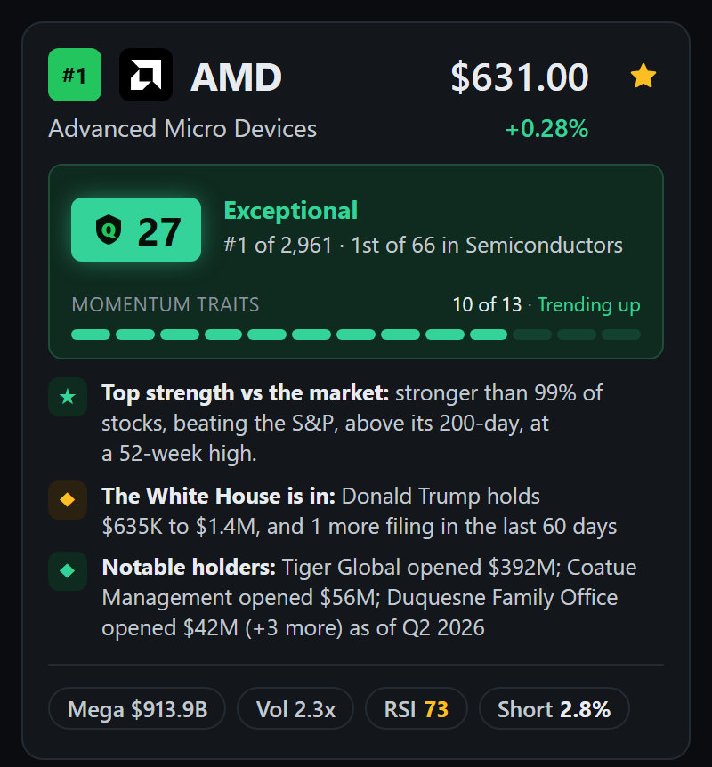A member's scanner card for AMD: the Quality Score badge, the rank in the scan and in its industry, the momentum bar, three plain lines on its strength, government filings, and notable holders, and pills for size, volume, RSI, and short interest