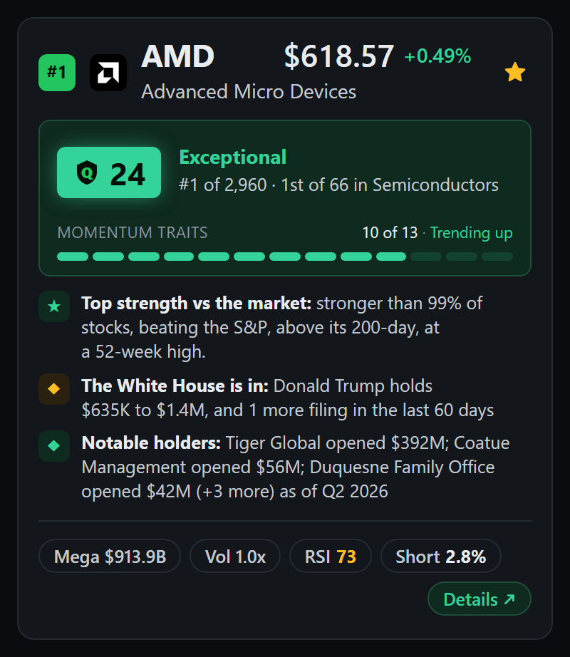 A member's scanner card for AMD: the Quality Score badge, the rank in the scan and in its industry, the momentum bar, three plain lines on its strength, government trades, and notable holders, and pills for size, volume, RSI, and short interest