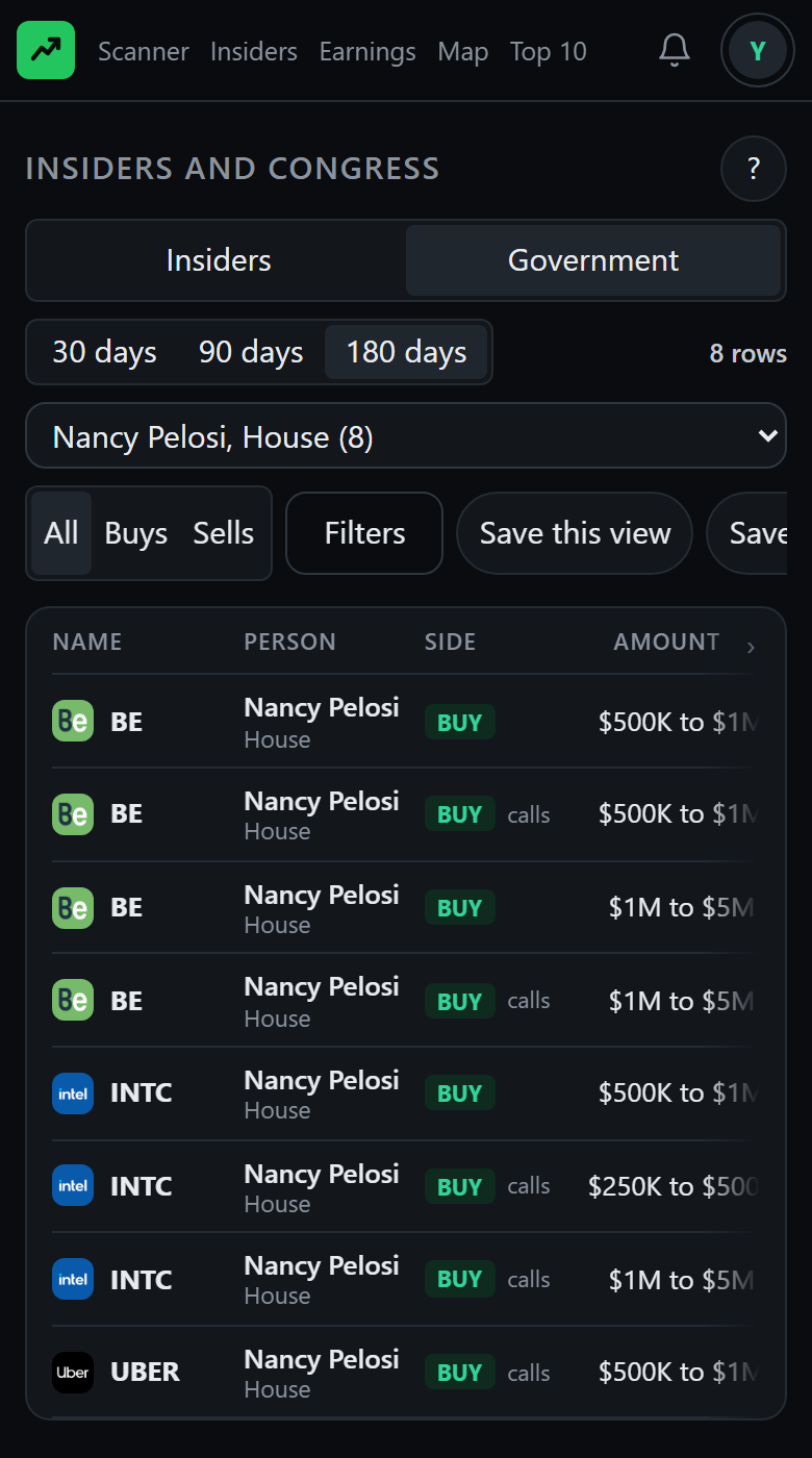 The same Government tab on a phone: the tab row, the window picker and the disclosed trades one under the other