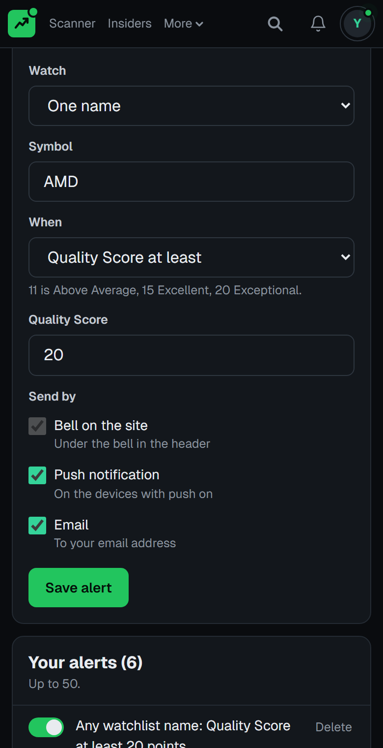 The New alert form on a phone: watch one name, AMD, when its Quality Score is at least 20, sent by the bell on the site, a push notification, and email, with the Save alert button