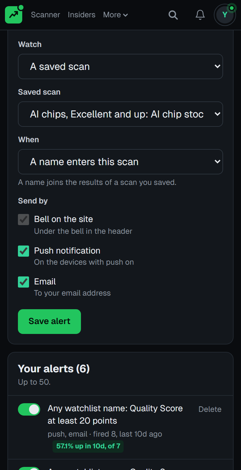 The New alert form on a phone watching a saved scan, AI chips at Excellent and up, for when a name enters it, sent by the bell on the site, a push notification, and email, with the Save alert button