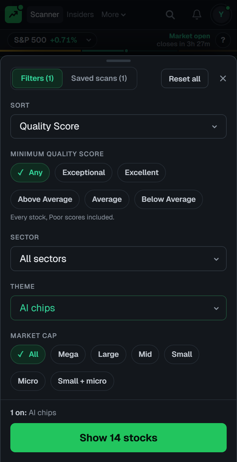 The scanner's filters on a phone with Theme set to AI chips, under the sort, the minimum Quality Score, and the sector, over company size, and the button that shows the 14 matching stocks