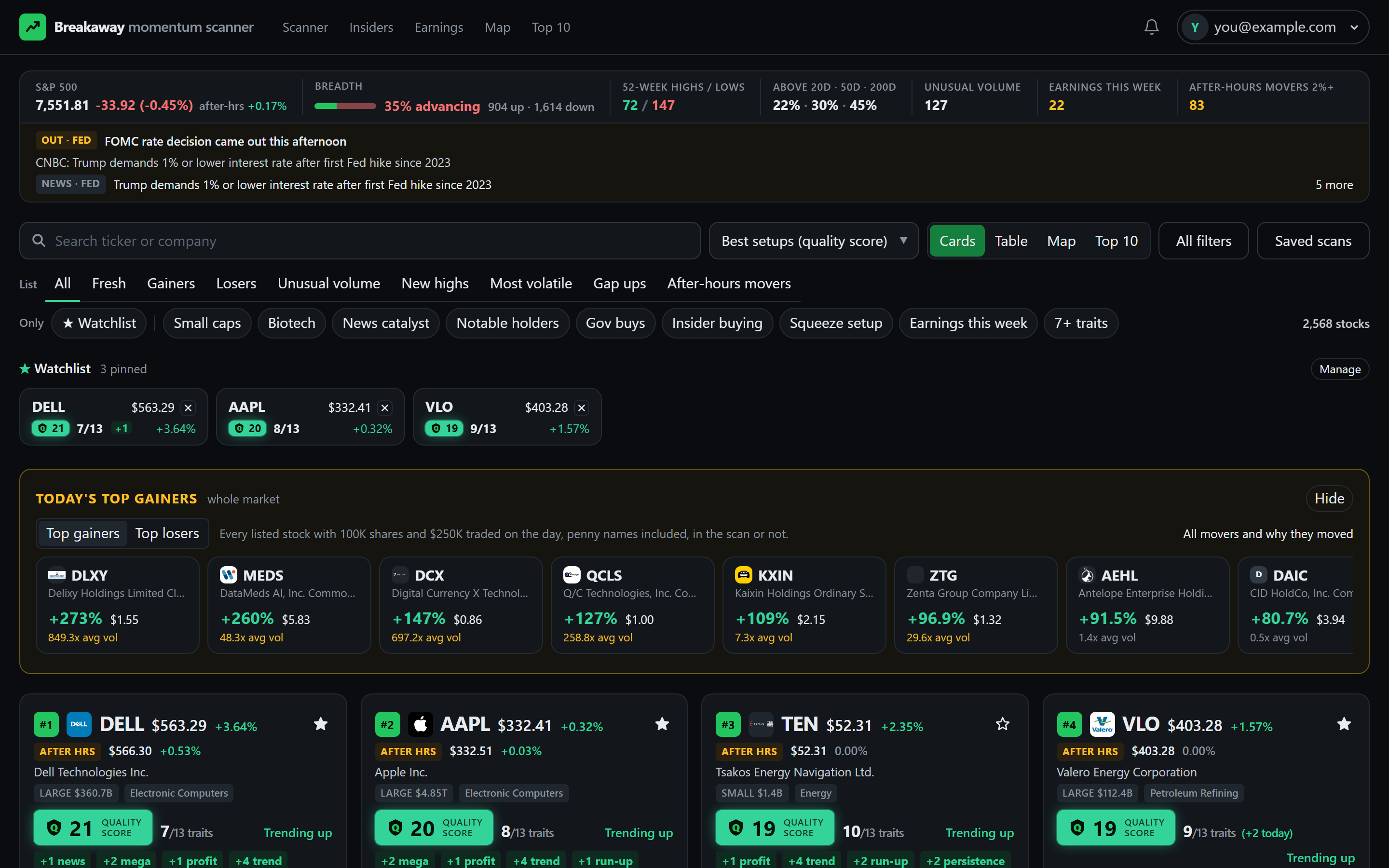 The scanner: the market panel with the S&P 500 and how many stocks are rising, today's movers with the reason for each move, and a card for every stock with its quality score, trend and traits